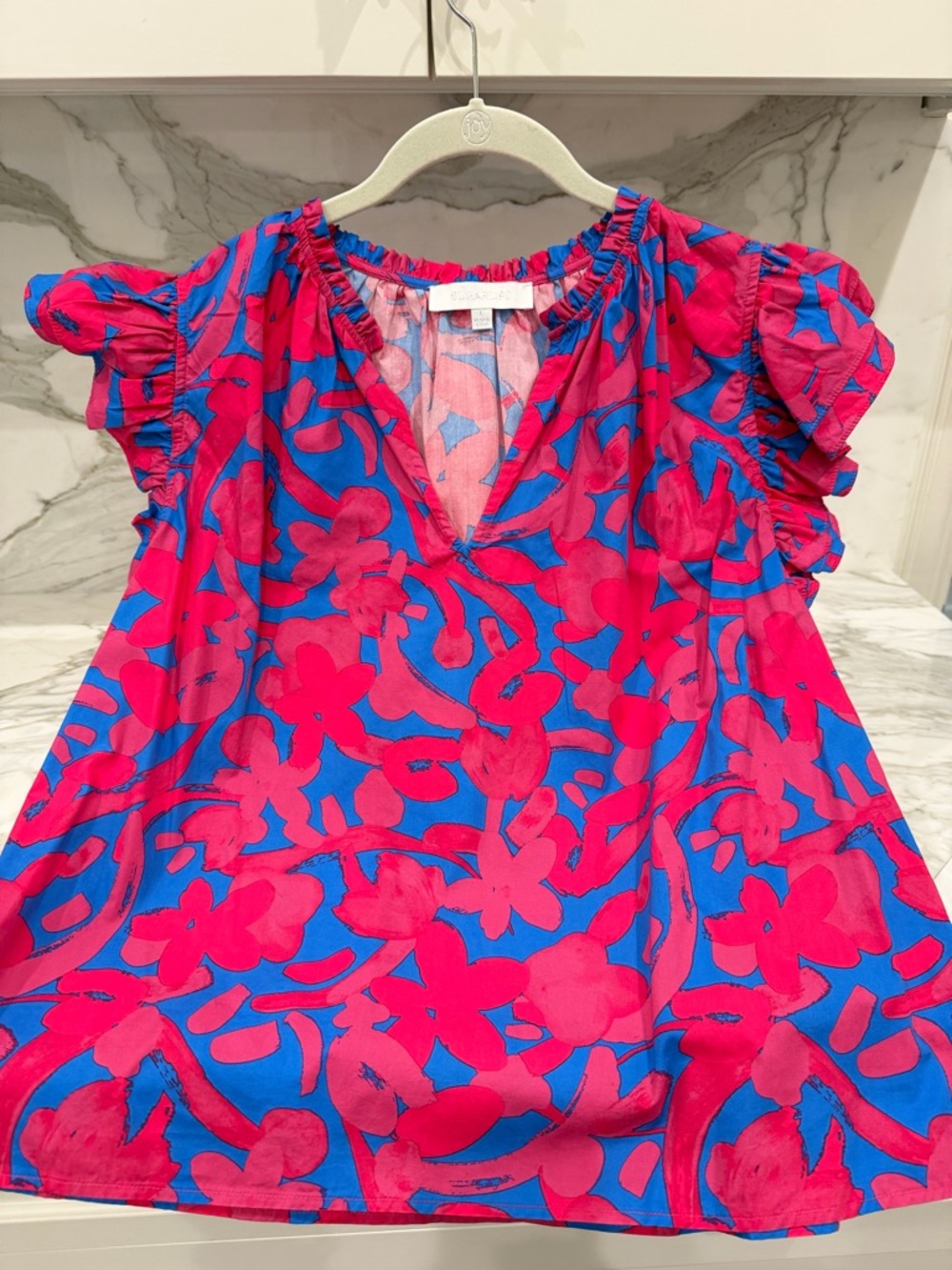 Sugarlips Pink and Blue Floral V-Neck Flutter Sleeve Top